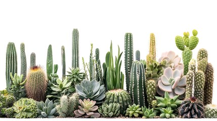 A collection of desert plants including cacti and succulents, displayed against a white background 