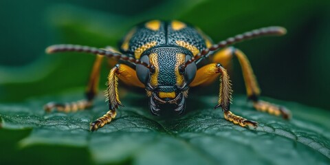 Fototapeta premium Close up view of a beetle resting on a leaf, showcasing the intricate details and textures of the beetle in a macro perspective, highlighting the beauty of nature in a macro shot.