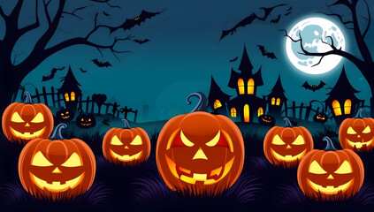 Fototapeta premium Spooky Halloween Scene with Jack-o'-Lanterns