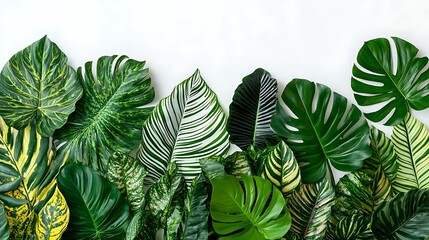 A collection of exotic foliage showcasing intricate leaf patterns and vibrant colors on a white background 