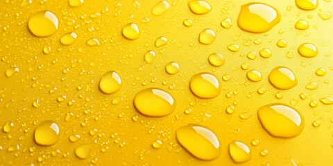 Yellow background featuring water drops, creating an appealing visual effect. The vibrant yellow background enhances the beauty of the water drops, making it ideal for various creative projects.