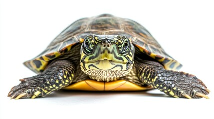 Obraz premium Turtle resting gracefully on a bright white background, showcasing the unique features and colors of the turtle. Ideal for nature inspired designs and educational materials about turtles.