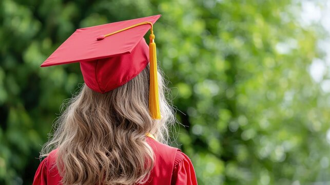 Rear view of a female graduate in a red cap and gown, looking towards a green, leafy background.
