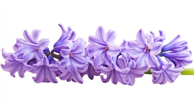 Purple hyacinth flowers displayed elegantly against a white background, showcasing the beauty of purple hyacinths in a striking isolation that highlights their vibrant colors.