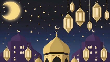 Nighttime Muslim Mosque Scene with Illuminated Lanterns