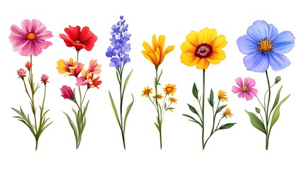 A collection of wildflowers with vibrant colors and delicate petals, arranged on a white background  © sasisom