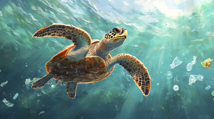 Obraz premium sea turtle swims gracefully through littered ocean, showcasing impact of plastic waste