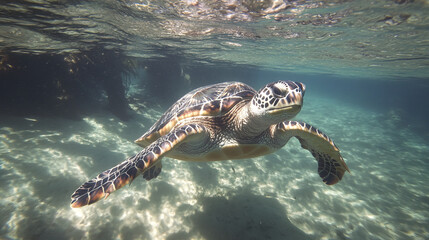 Obraz premium Swimming sea turtle in clear tropical waters, showcasing vibrant colors and serenity