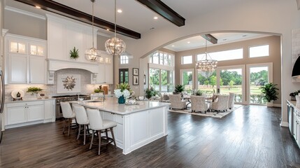 Open concept kitchen and living room with hardwood floors, white cabinets, and large windows.