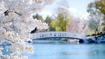 Obraz premium Beautiful white cherry blossoms frame a scenic white arched footbridge crossing a calm blue river in a peaceful spring park.
