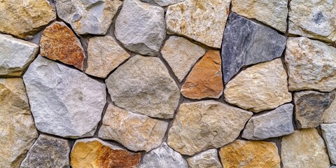 Obraz premium Panoramic view of a textured stone fence garden rock wall featuring a closeup of a stonewall pattern. The stone fence showcases large limestone, slate slabs, and a mix of beige, grey, red, and yellow