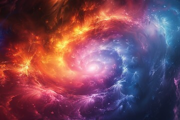 A colorful spiral galaxy with a red and orange center and a blue