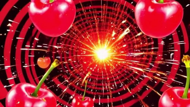 Cherries popping like fireworks spraying juice with a vibrant backdrop of bold patterns shifting with rhythm