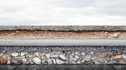 Asphalt road cross section showcasing repair and reconstruction work, illustrating layers of asphalt concrete, bitumen, soil, sand, rock, stone, ground, and earth in detail.