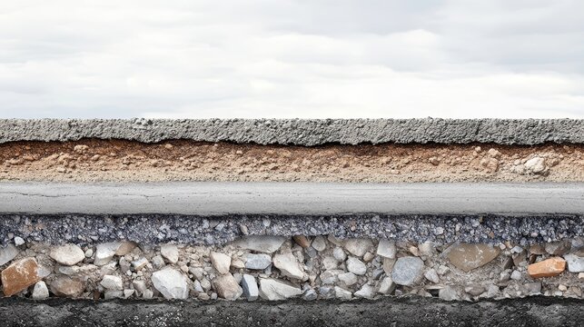 Asphalt road cross section showcasing repair and reconstruction work, illustrating layers of asphalt concrete, bitumen, soil, sand, rock, stone, ground, and earth in detail.