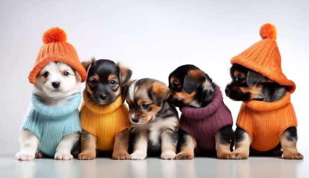 Perritos beb&eacute; con ropa de invierno y mirando a c&aacute;mara. Imagen graciosa, cuqui, tierna