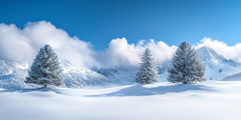 Three fir trees stand majestically on a snowy meadow during wintertime. This beautiful alpine scenery showcases the wonder of winter, featuring fluffy clouds and a clear blue sky above the mountains.