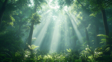 Sunbeams Piercing Through Misty Forest: Sunlight rays illuminate a mysterious and mystical forest...