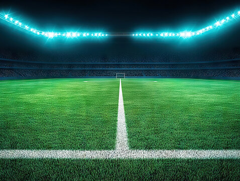Illuminated football pitch ready for big game, capturing excitement and anticipation