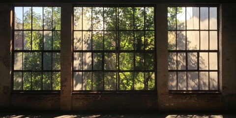 Fototapeta premium Windows of a historic warehouse beautifully capture the intricate shadows created by nearby trees, showcasing the interplay of light and shadow through these striking windows.
