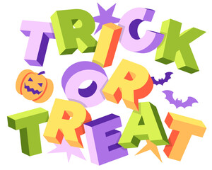 Lettering Trick or Treat with halloween pumpkin and bats text