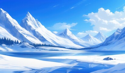 snowy mountain landscape with a lake and a few trees