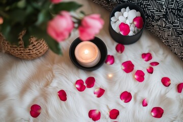 Soft candlelight dances on rose petals, creating a romantic haven atop a plush white fur rug, while a vibrant vase of flowers adds a touch of elegance.