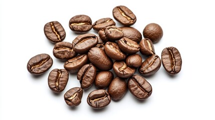 Naklejka premium Roasted coffee beans isolated on a white background showcase a pile of rich, aromatic coffee beans from a top view. Discover the beauty of coffee beans in every detail.