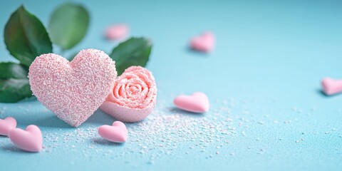 Obraz premium A delicate pink rose rests beside a charming heart-shaped sugar cookie, both beautifully contrasting against a soothing blue backdrop, perfect for Valentine's Day.