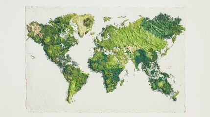 Embossed world map with textured green landmasses.