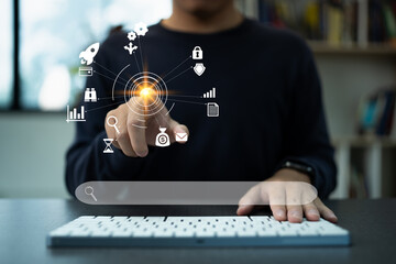 Business people use keybord, global business internet connection application technology and digital marketing.
