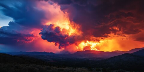Fototapeta premium Severe storms and summer temperatures clash in nature beneath a striking sky. Wildfires pose significant dangers and challenges for ecosystems and humans worldwide.