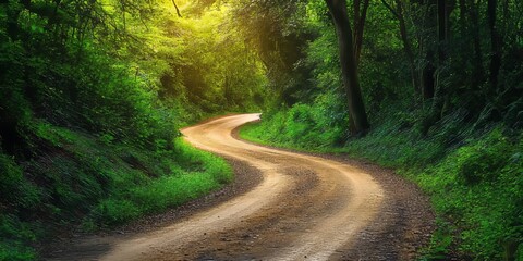 Obraz premium A captivating scene of a forest road embraced by lush vegetation, showcasing the beauty of nature along the forest road, with vibrant greenery framing the pathway.