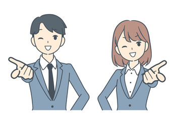 笑顔で前を指さすビジネスマンとビジネスウーマン  