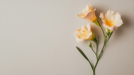 A single pastel peach freesia against a light taupe background, close-up shot, Minimalist style