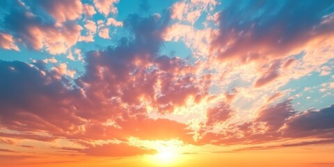 Obraz premium Stunning sunrise view with clouds in the sky creates a beautiful backdrop. The colorful sunset complements the partly cloudy sky, showcasing a natural sky background texture after sunset.