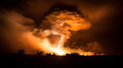 A breathtaking nighttime volcanic eruption spews molten lava skyward, casting light on the darkened landscape as smoke and ash swirl menacingly.