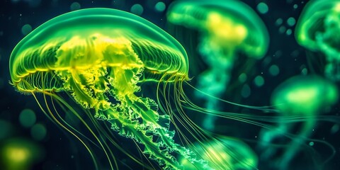 Fototapeta premium Close up of vibrant fluorescent green jellyfish gracefully swimming in water, showcasing the beauty and mesmerizing movement of fluorescent green jellyfish in their aquatic habitat.