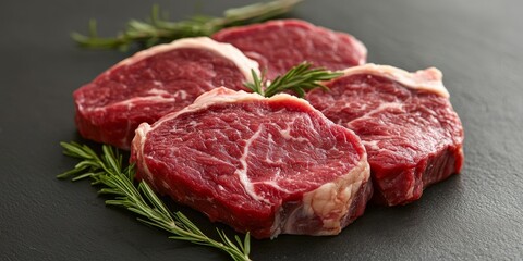 Fototapeta premium Raw lamb tenderloin fillet and mutton sirloin meat are showcased along with a piece of cow, highlighting the selection of raw beef meat. These raw meats are perfect for cooking delicious steaks.