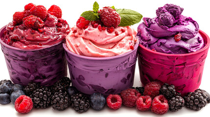 Three cups of assorted berry gelato with fresh berries.