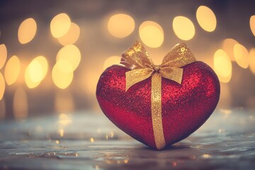 Fototapeta premium A vibrant red heart adorned with a shimmering gold bow, symbolizing love and romance, perfect for celebrating Valentine's Day with elegance and charm.