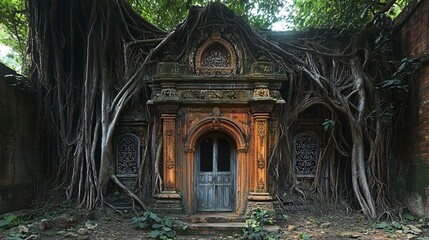 A decaying stone temple-turned-house in India, surrounded by overgrown banyan trees whose roots have wrapped around the structure's ancient carvings