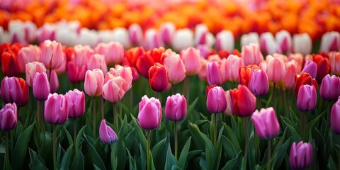 Fototapeta premium A large expanse filled with colorful tulips showcasing a range of hues, creating a striking and lively visual display of these beautiful flowers.