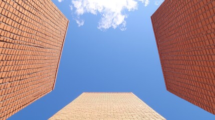 Low angle view of three brick walls against a blue sky.