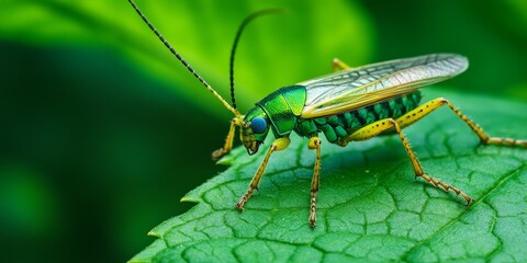 Insect perched on a vibrant green leaf, showcasing the beauty of nature. This insect on a green leaf highlights the intricate details found in the natural world.