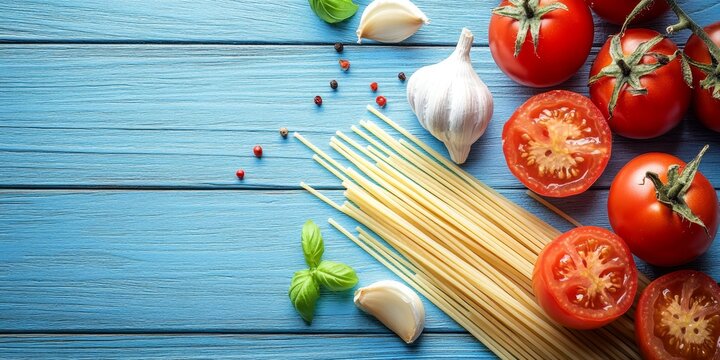 Spaghetti with tomato and garlic beautifully arranged on a blue wooden background, showcasing the delicious combination of spaghetti, tomato, and garlic for a vibrant culinary presentation.