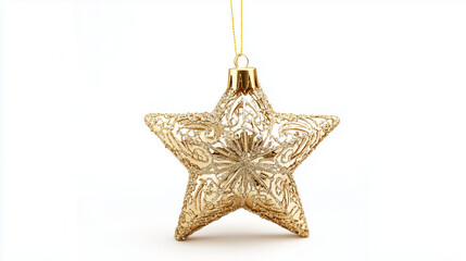 Fototapeta premium Golden Star Christmas Ornament. A beautifully detailed golden star-shaped Christmas ornament, displayed against a clean white background, perfect for holiday decor.