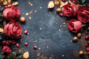 Luxurious roses and shimmering gold leaves rest elegantly on a dark surface, framed by a sparkling gold glitter border, perfect for a romantic celebration.