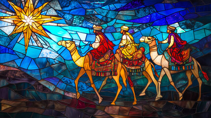 Beautiful stained glass artwork depicting the Three Wise Men riding camels under a bright star, surrounded by vibrant colors. Ideal for Christmas or religious themes.