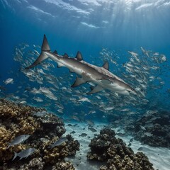 Fototapeta premium A hammerhead shark moving among schools of silver fish near a reef.